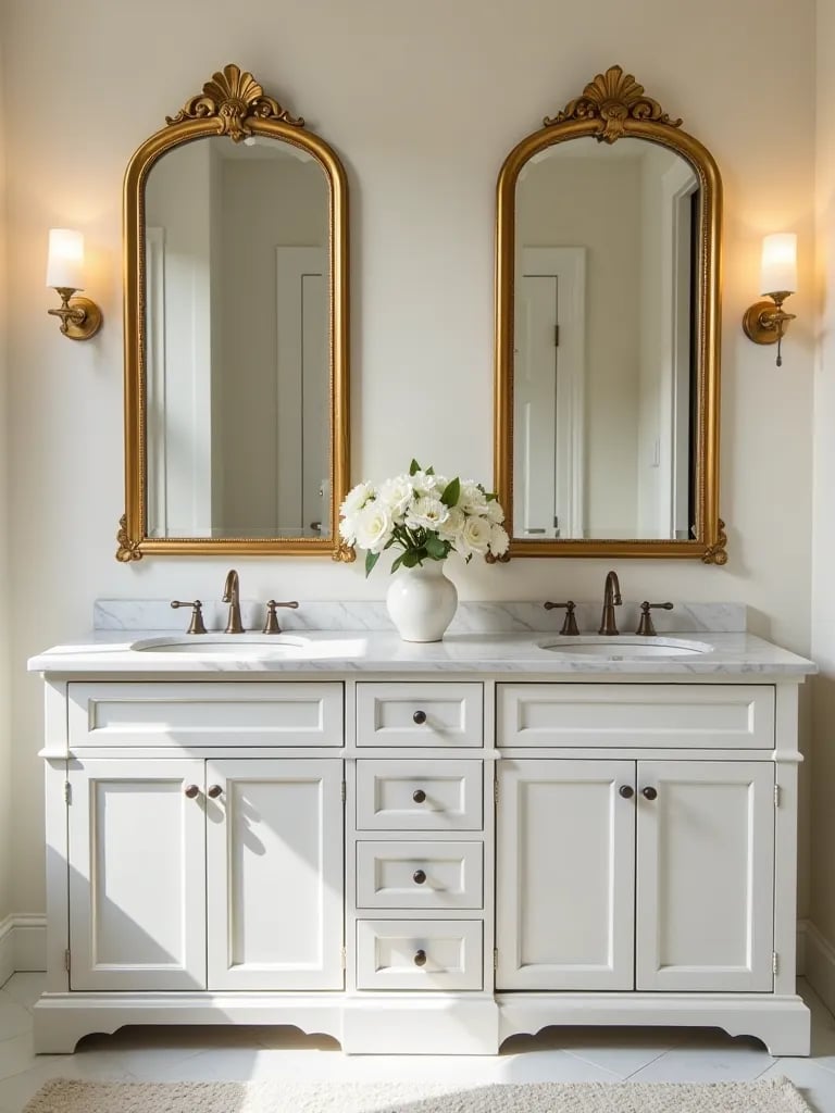 Luxurious master bathroom with classic white double vanity and gold mirrors