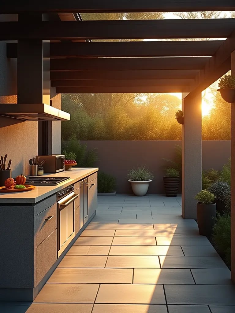 Luxurious outdoor kitchen and patio space with warm evening lighting