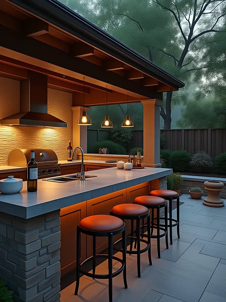 Luxurious outdoor kitchen patio with grill and bar seating at twilight