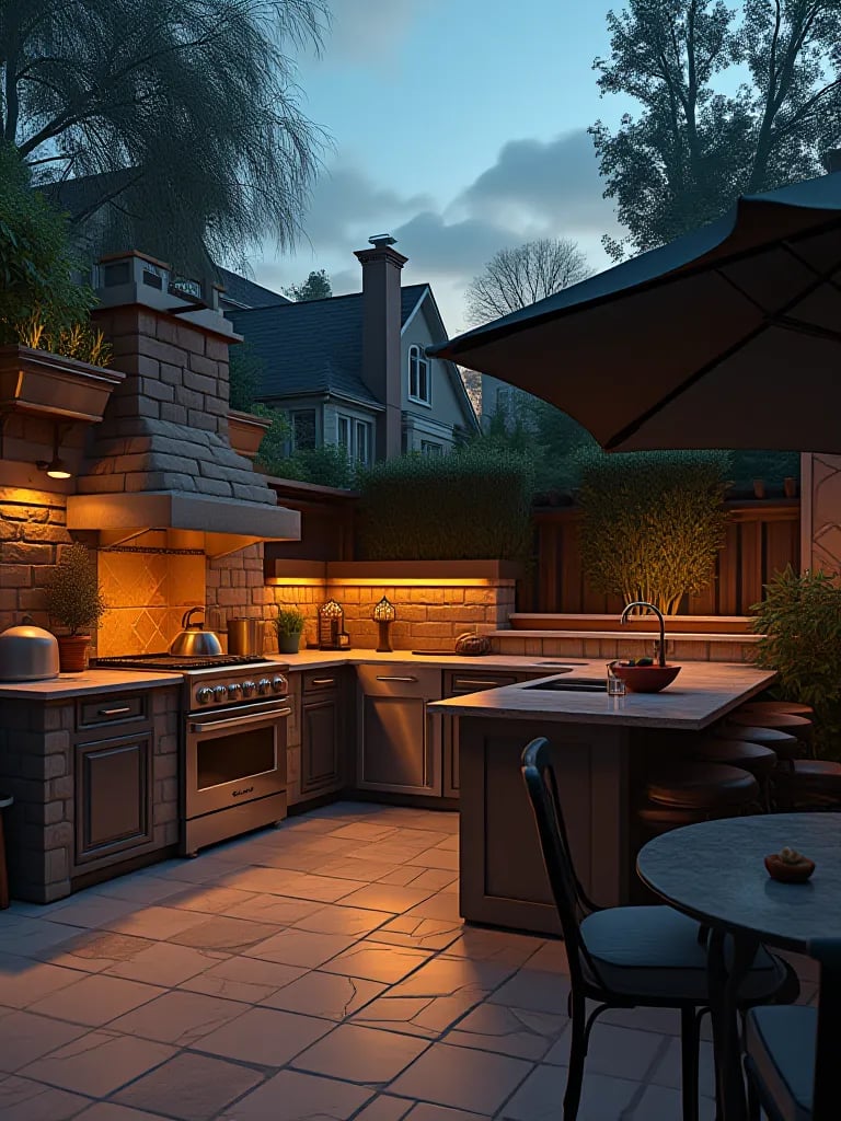 Luxurious outdoor kitchen patio with pizza oven and island at twilight