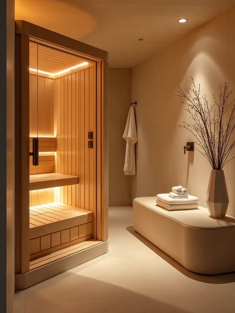 Luxurious spa bathroom with sauna, multi jet shower, and heated lounger