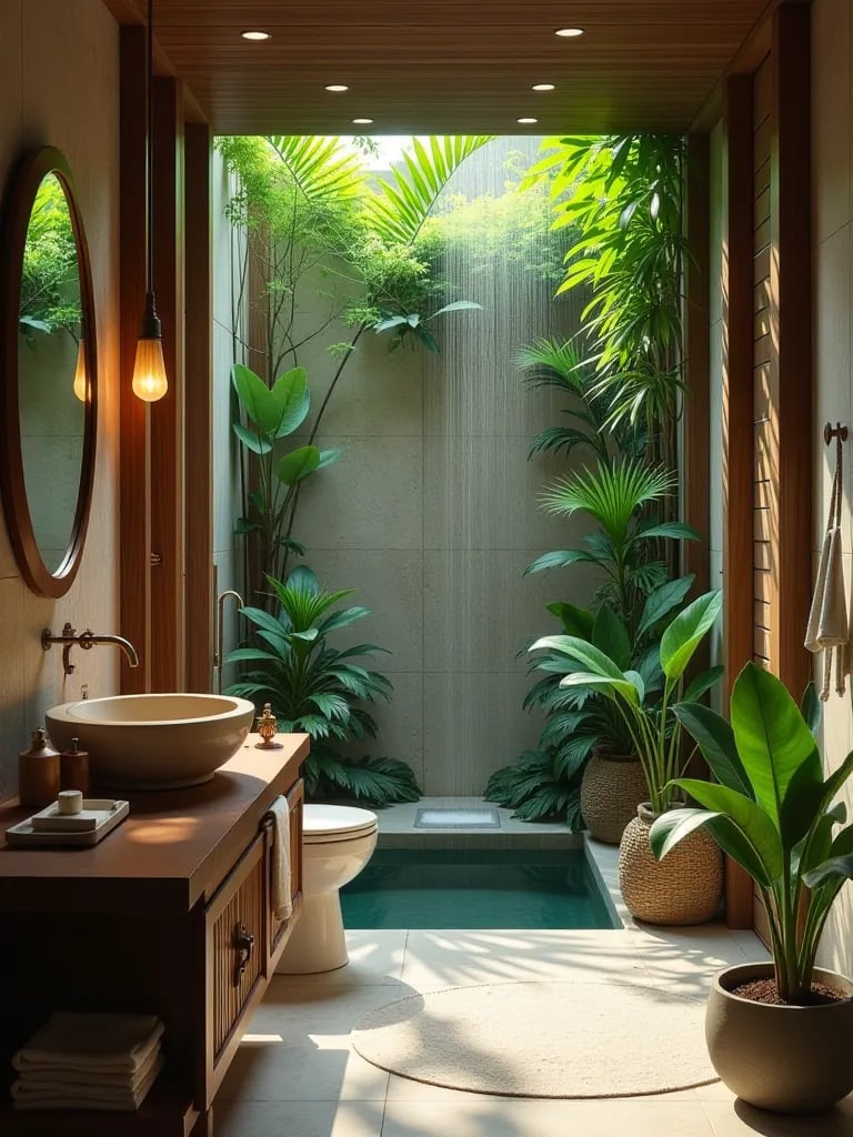 Luxurious tropical bathroom featuring natural materials and greenery