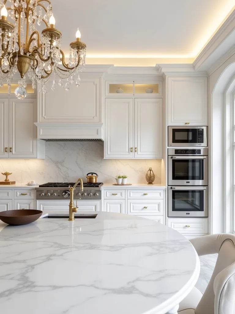 Luxurious white and gold kitchen with crystal lighting and LED accents
