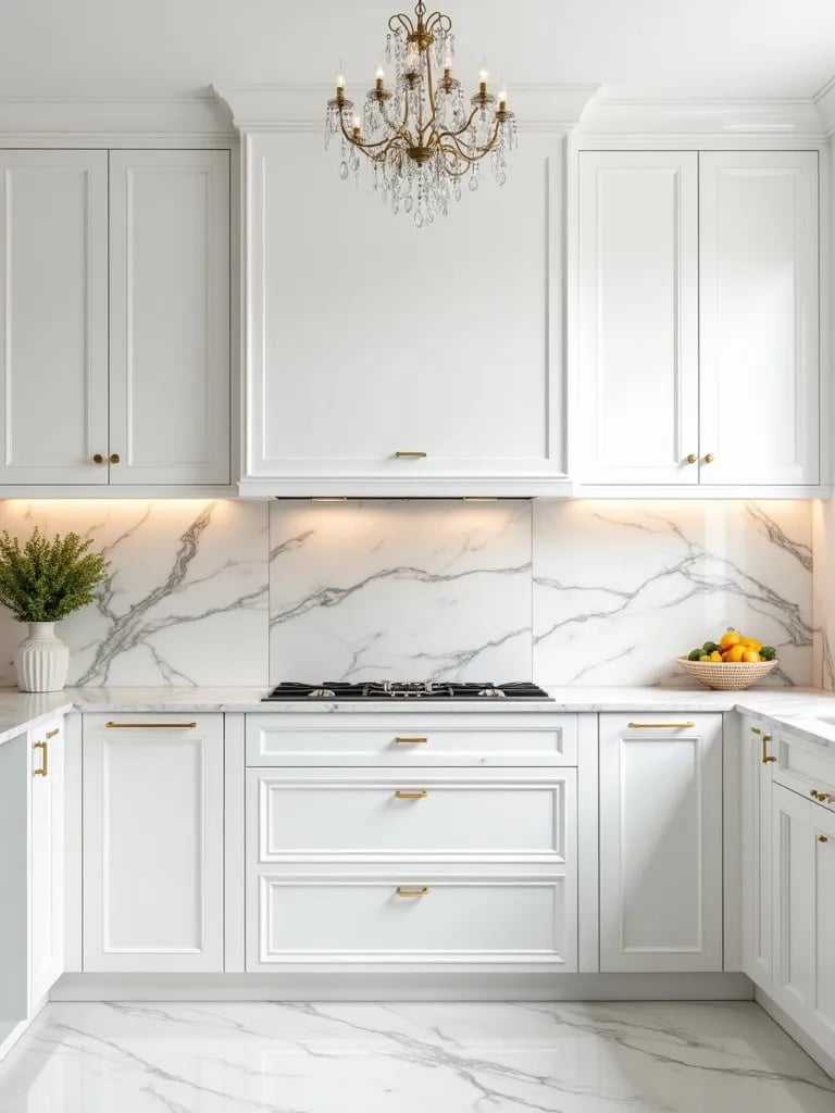 Luxurious white kitchen with Calacatta marble backsplash and gold accents