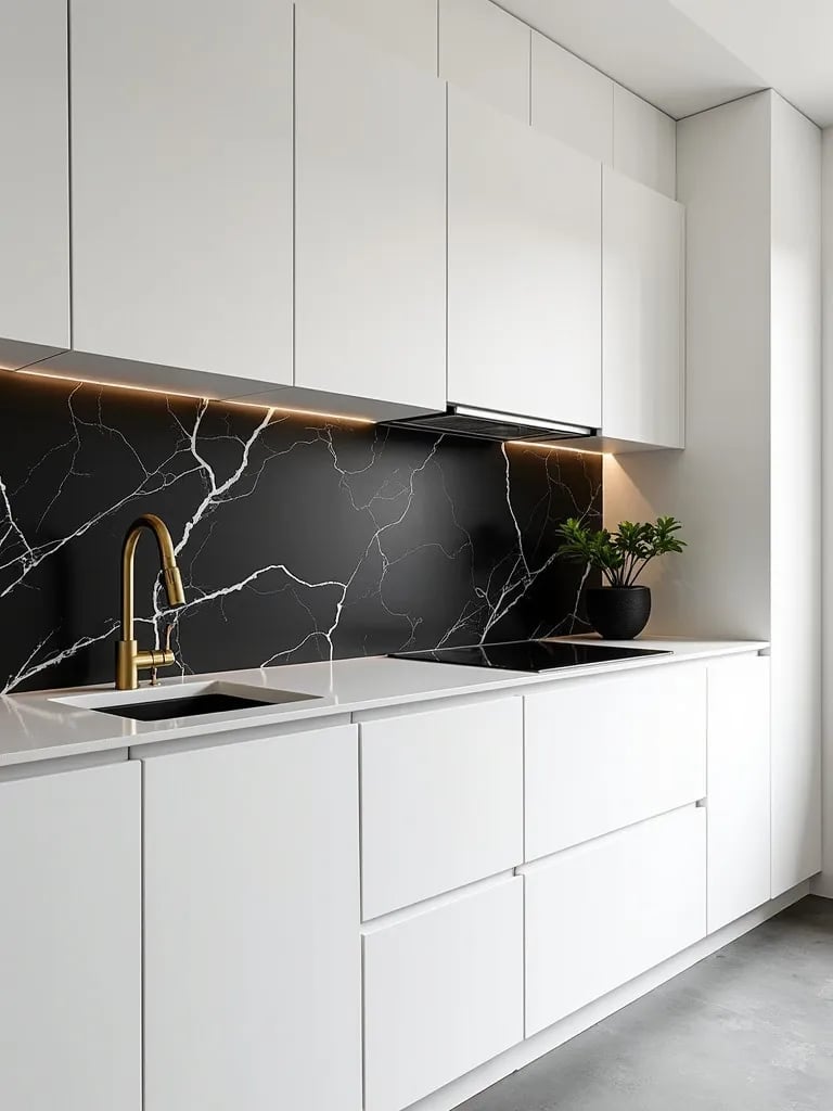 Luxurious white kitchen with black marble and gold accents
