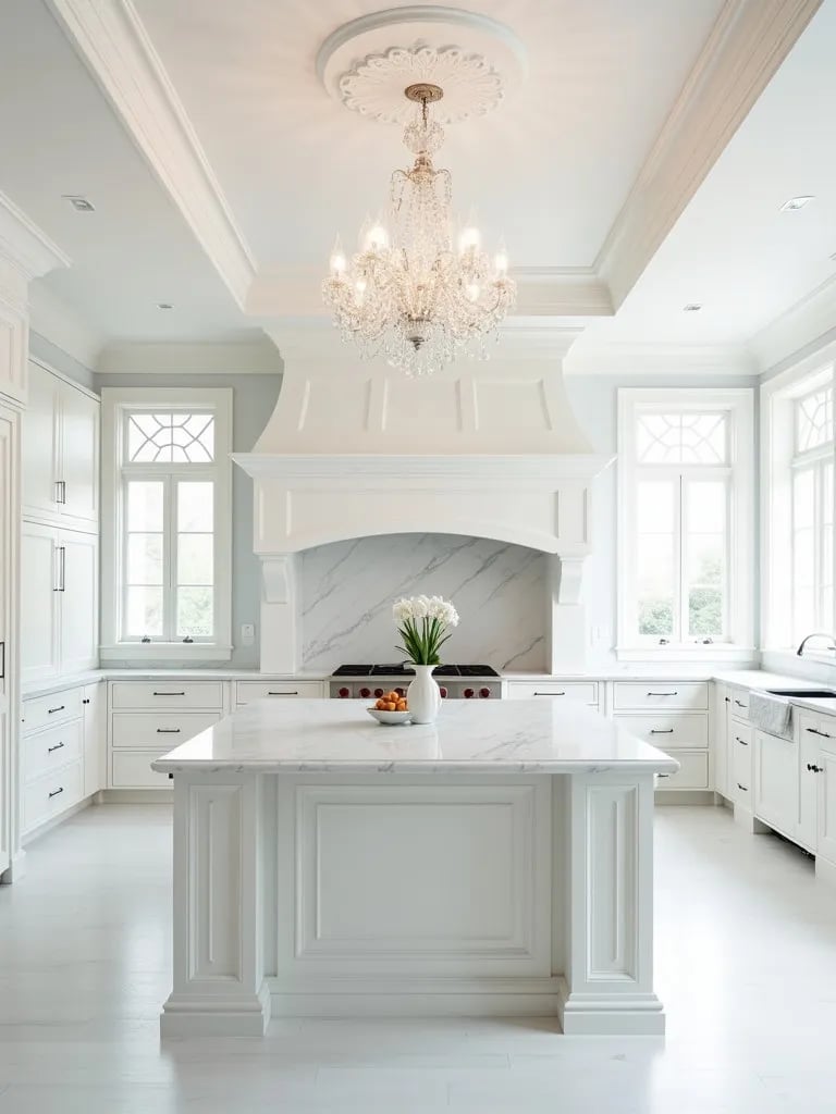Luxurious white kitchen with coffered ceiling and crystal chandelier