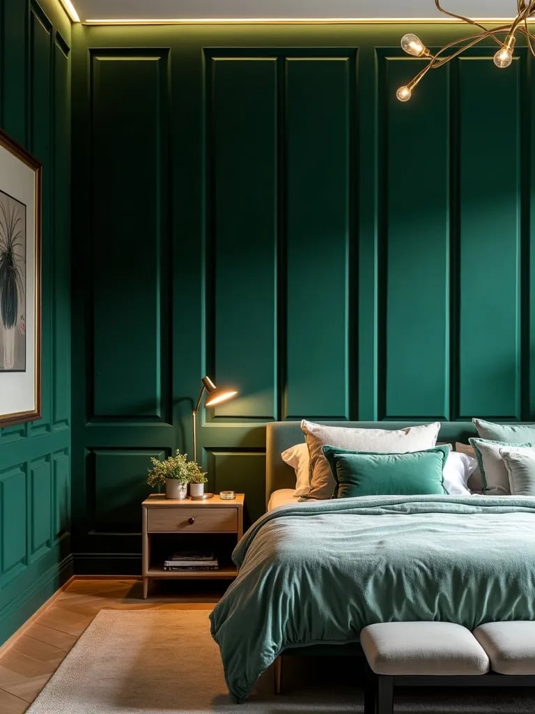 Master bedroom featuring plush emerald green tufted accent wall