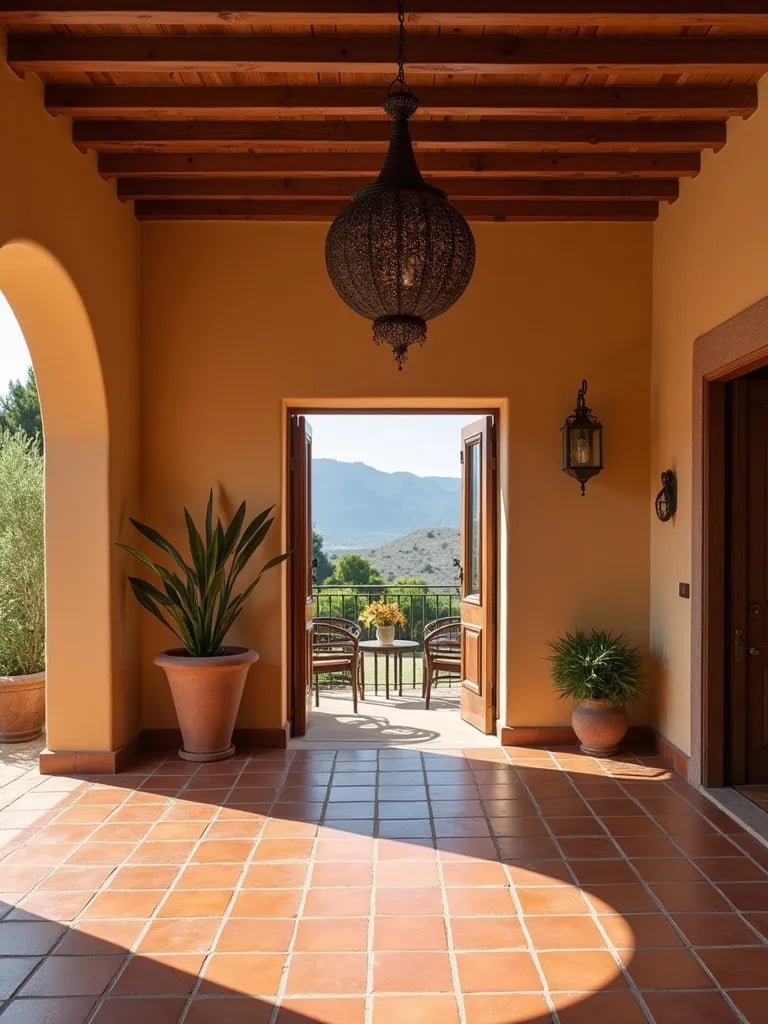Mediterranean dining room with terracotta ceramic tile floor and wrought iron chandelier