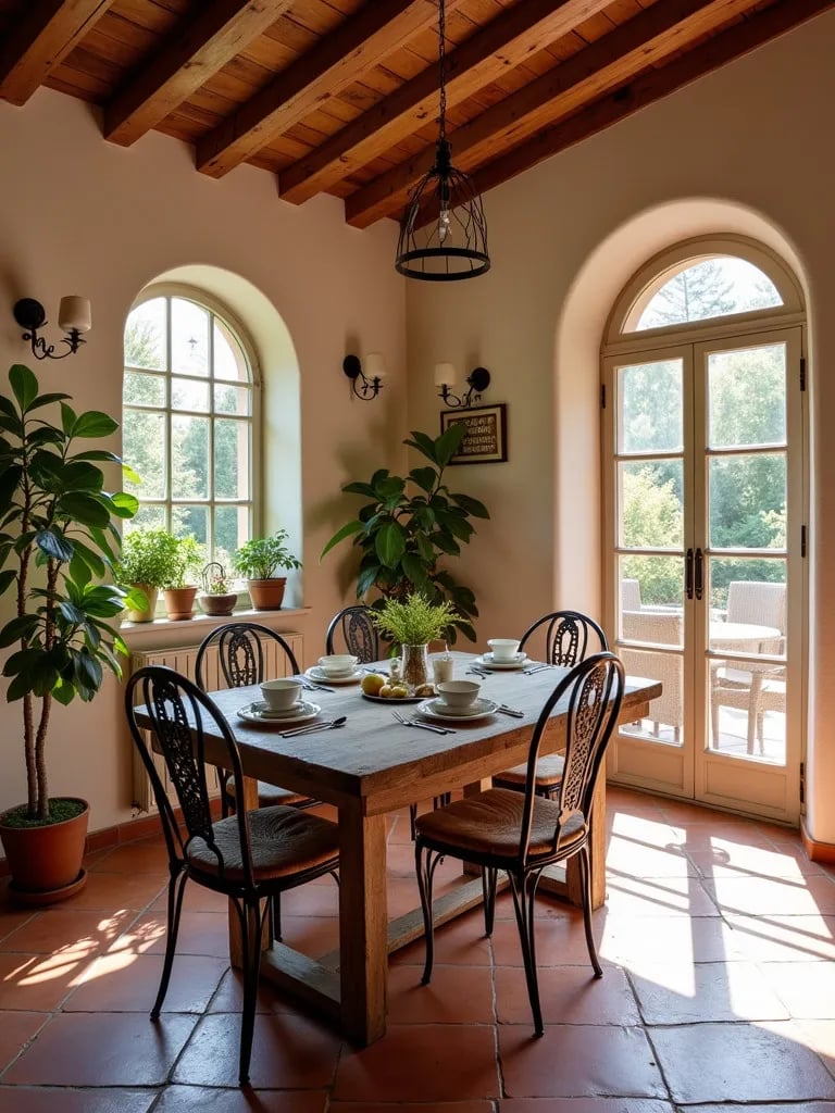Mediterranean dining room with terracotta tile floors and rustic decor