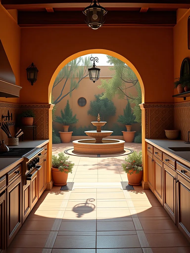 Mediterranean outdoor kitchen connected to terracotta patio with fountain in golden light