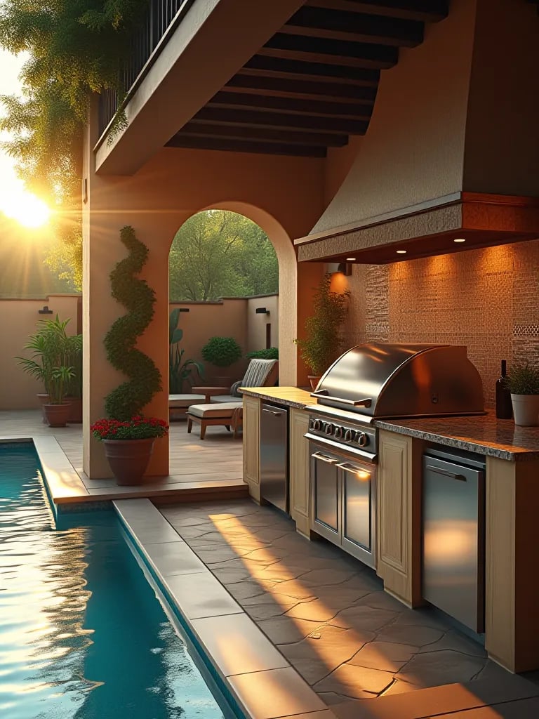 Mediterranean outdoor kitchen with mosaic tiles and pizza oven overlooking pool