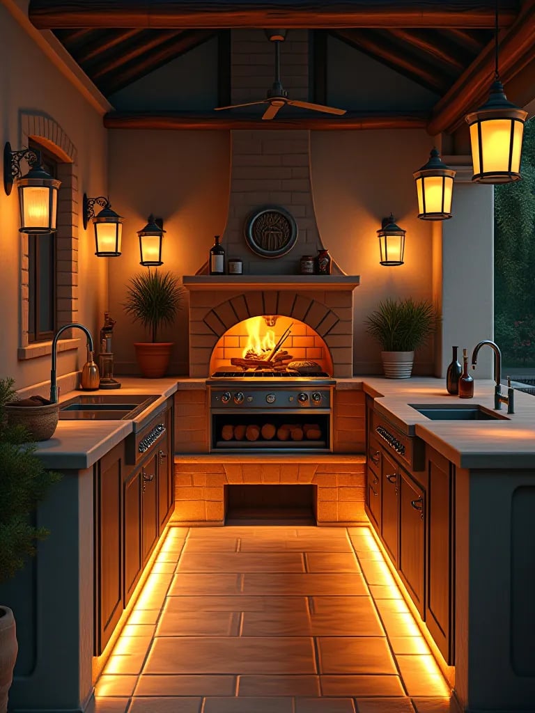 Mediterranean outdoor kitchen with sconces, pendant lights, and LED strips