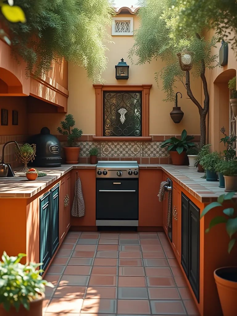 Mediterranean outdoor kitchen with terracotta tiles and mosaic backsplash