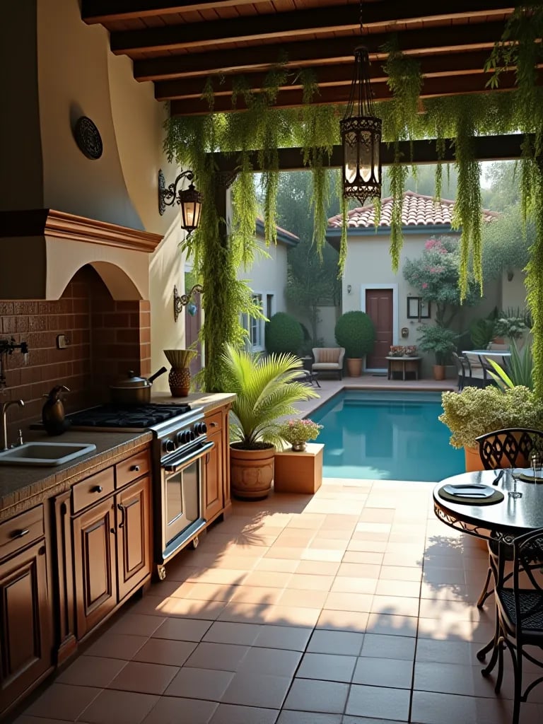 Mediterranean style outdoor kitchen with tiled countertop and pool view