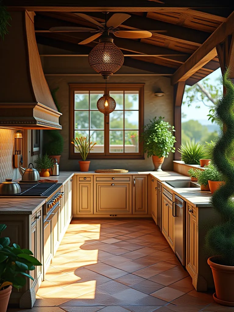 Mediterranean style outdoor kitchen with tiled roof and potted herbs