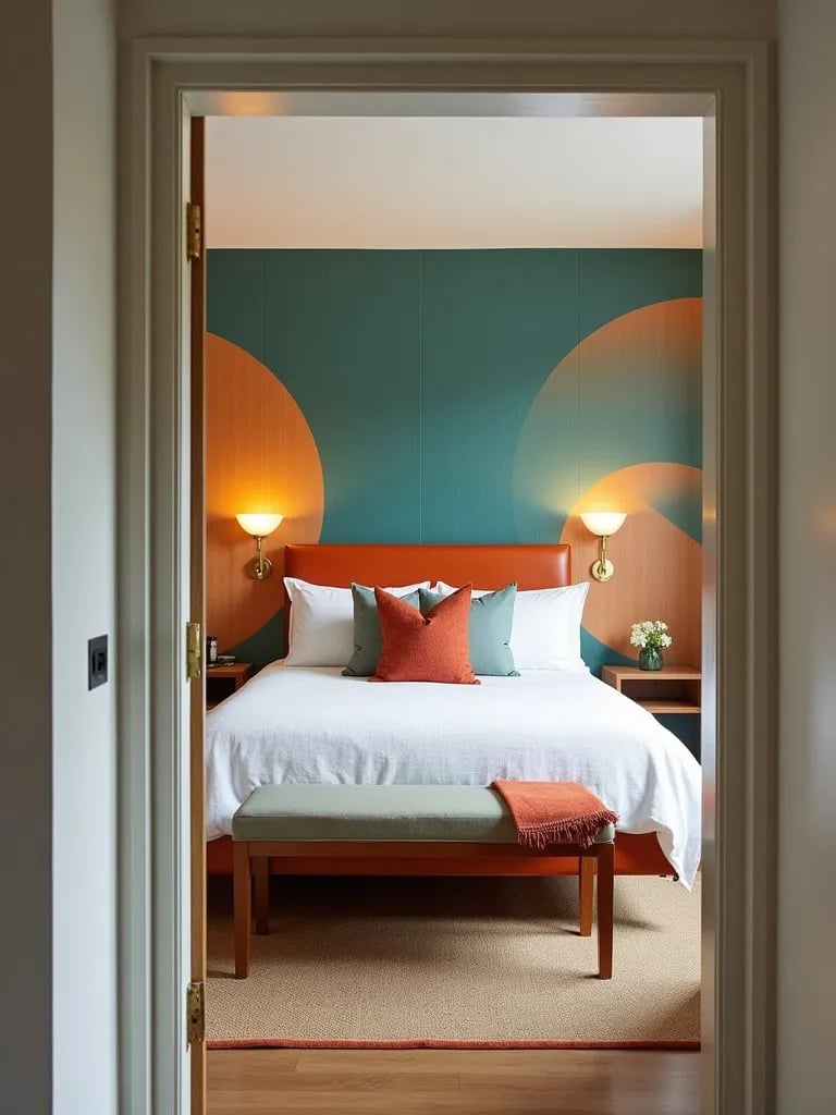 Mid century bedroom with teal and orange geometric wallpaper accent