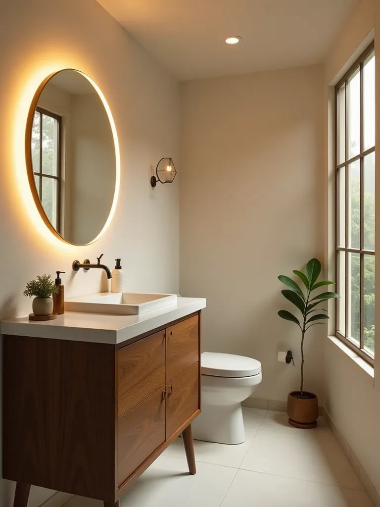 Mid century modern bathroom with walnut wood vanity and circular backlit mirror