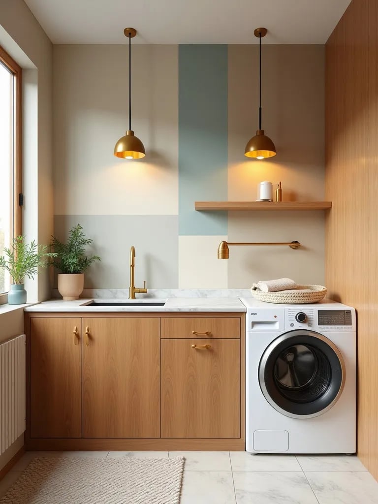 Mid century modern laundry room with geometric wallpaper and wooden cabinets