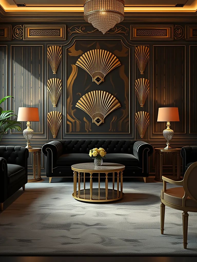 Mid century modern living room with retro geometric wallpaper and iconic furniture