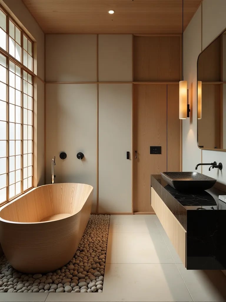 Minimalist Japanese style bathroom with ofuro tub and black granite vanity