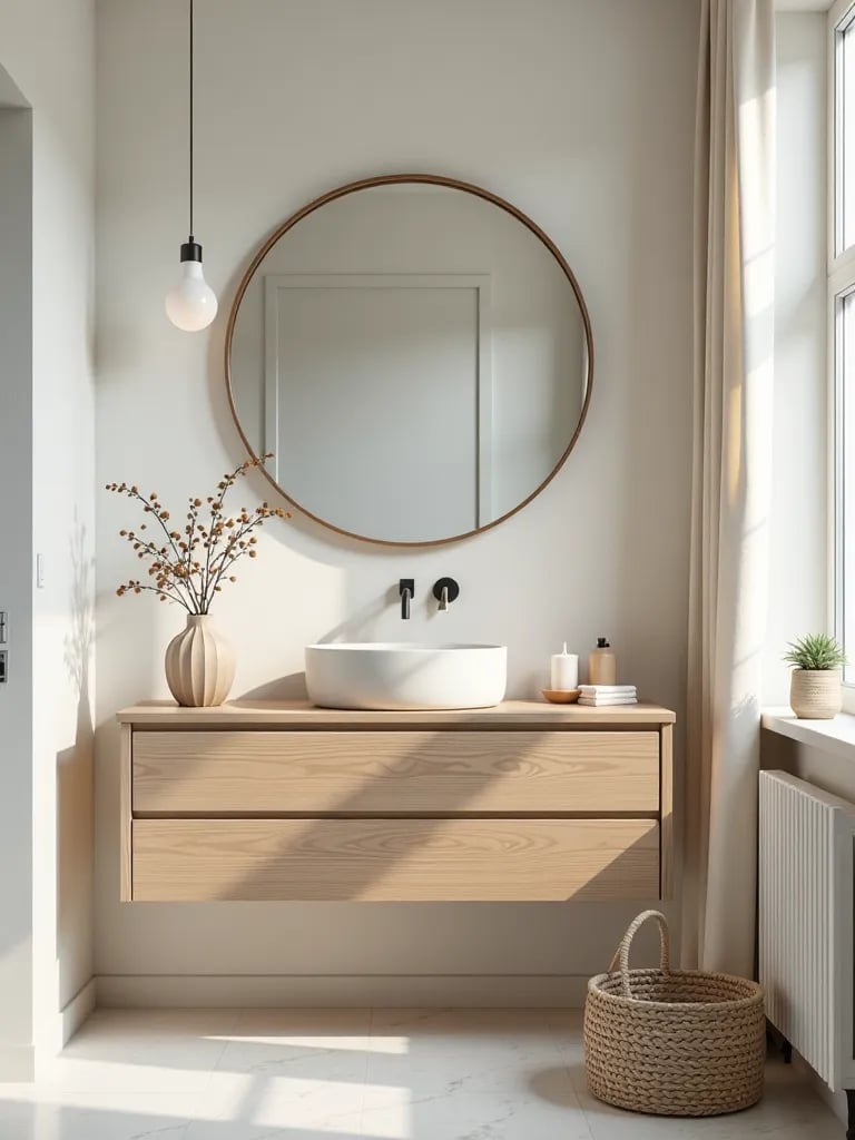 Minimalist Scandinavian bathroom featuring light oak vanity and vessel sink