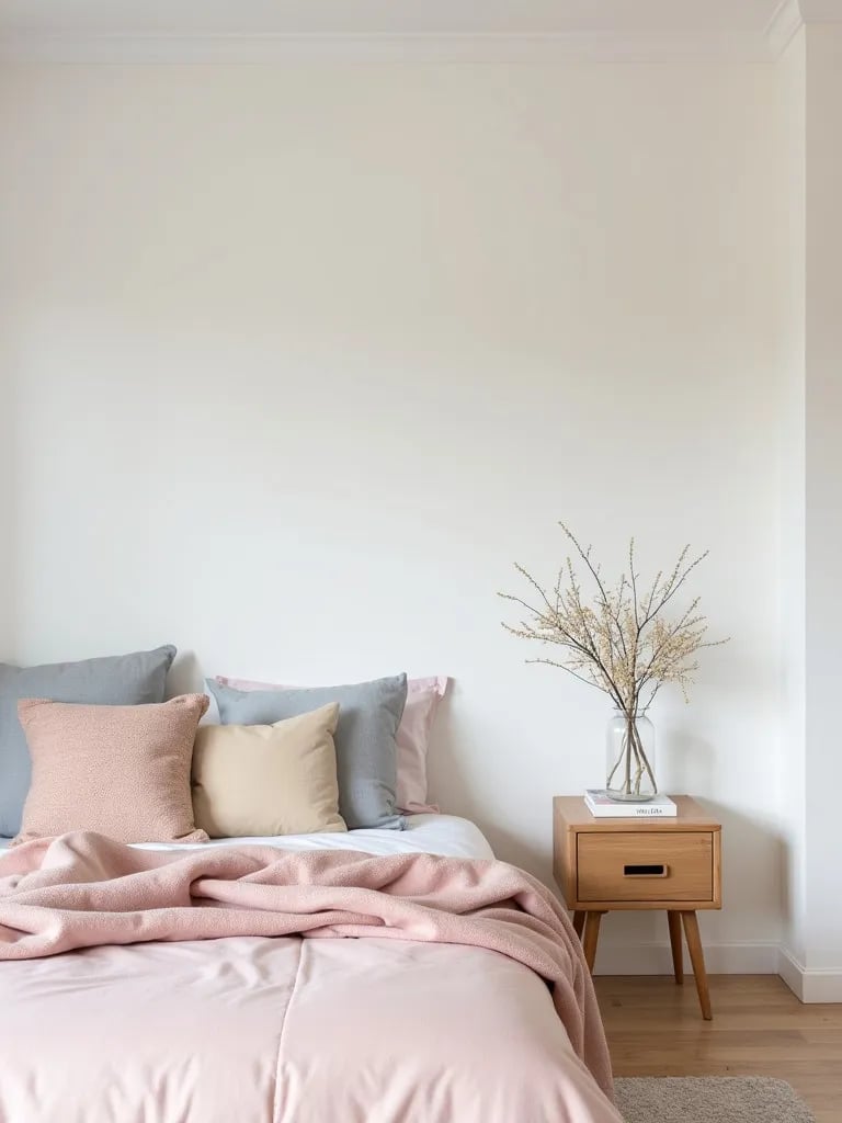 Minimalist Scandinavian bedroom with flat white walls and pastel accents
