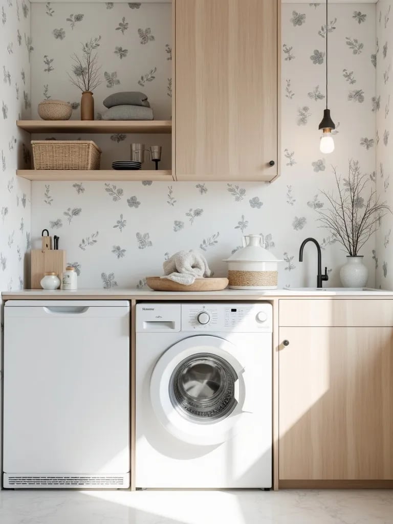 Minimalist Scandinavian laundry room featuring light wood accents and botanical wallpaper