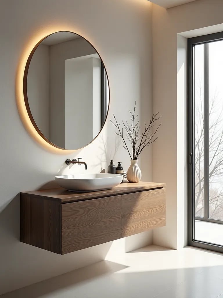 Minimalist bathroom featuring a sleek dark wood floating vanity
