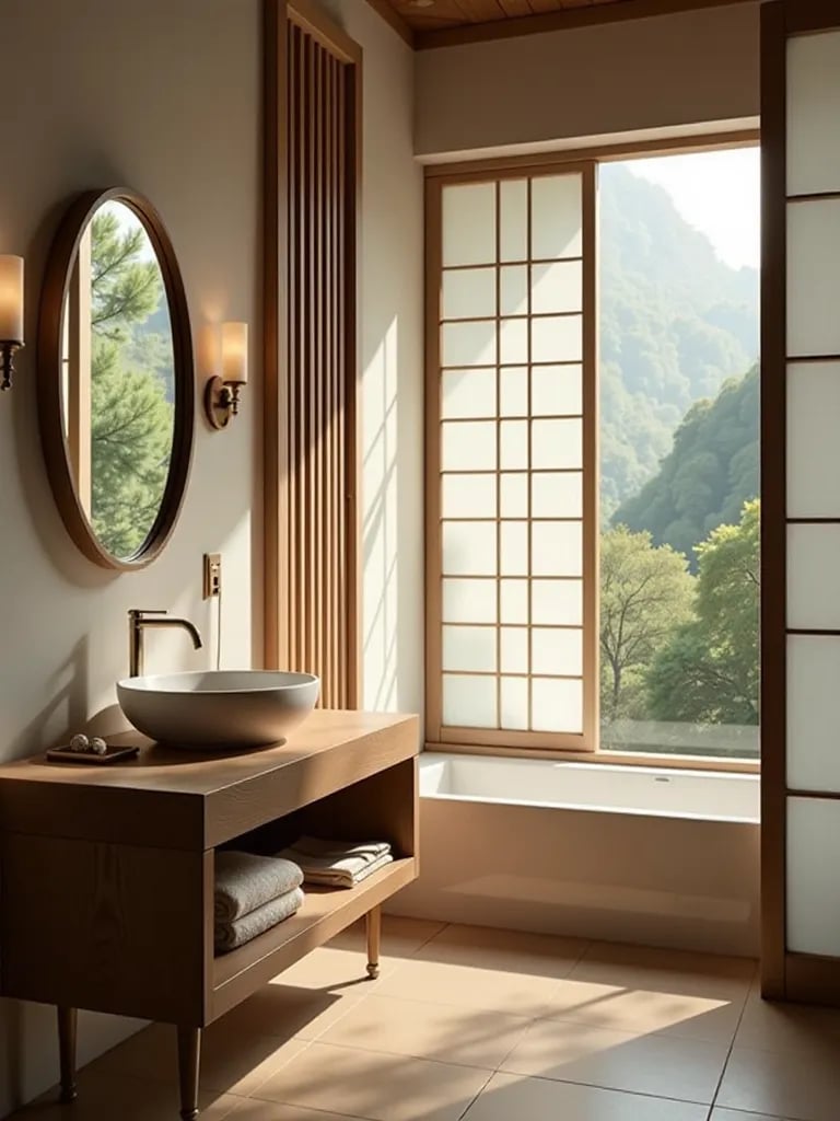 Minimalist bathroom featuring low wooden vanity with integrated sink