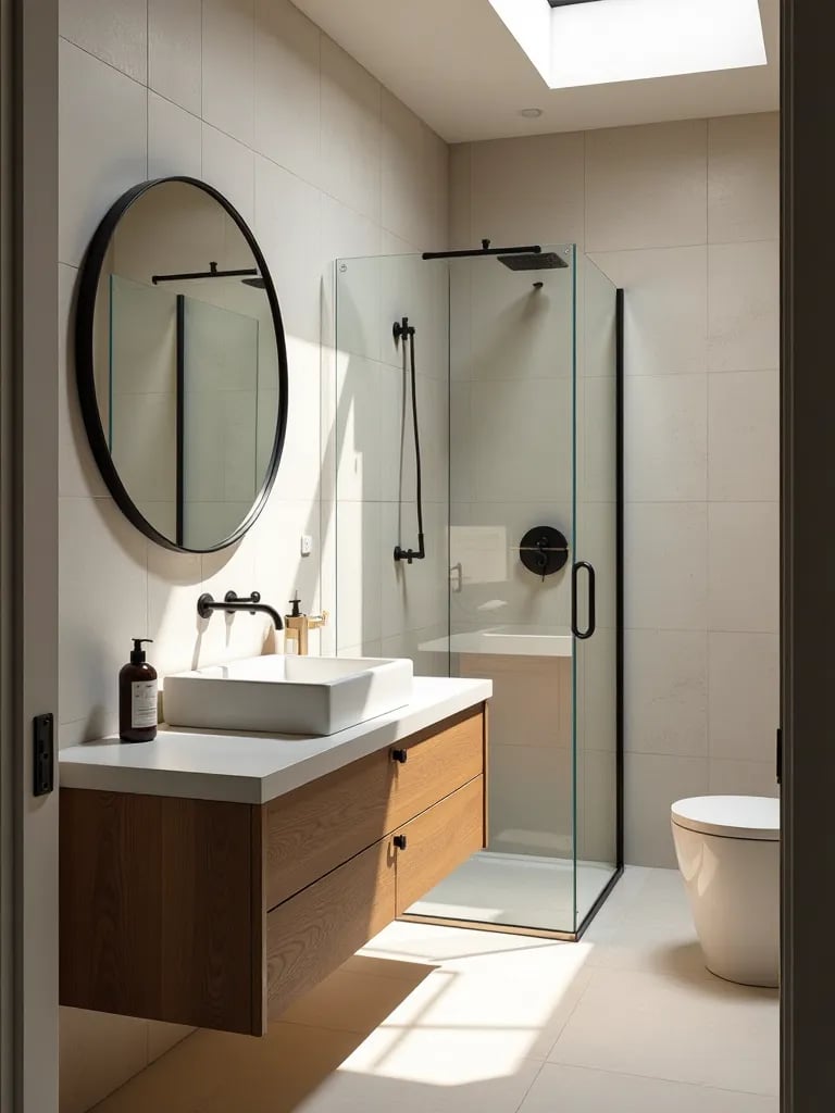 Minimalist bathroom featuring wood floating vanity with black hardware