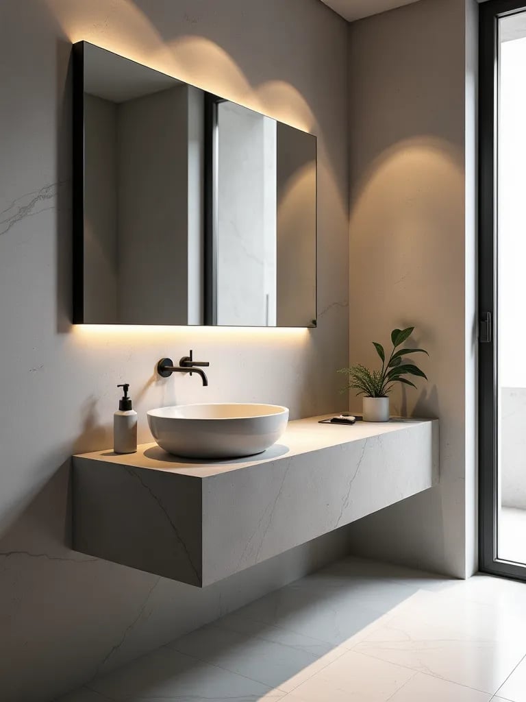 Minimalist bathroom vanity with recessed lighting and floating mirror