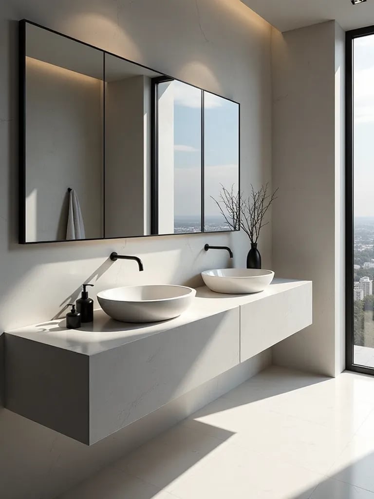 Minimalist bathroom with floating concrete vanity and black fixtures