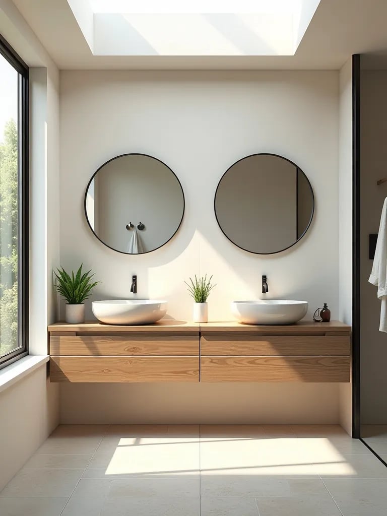 Minimalist bathroom with floating wooden double vanity, round mirrors, and natural light