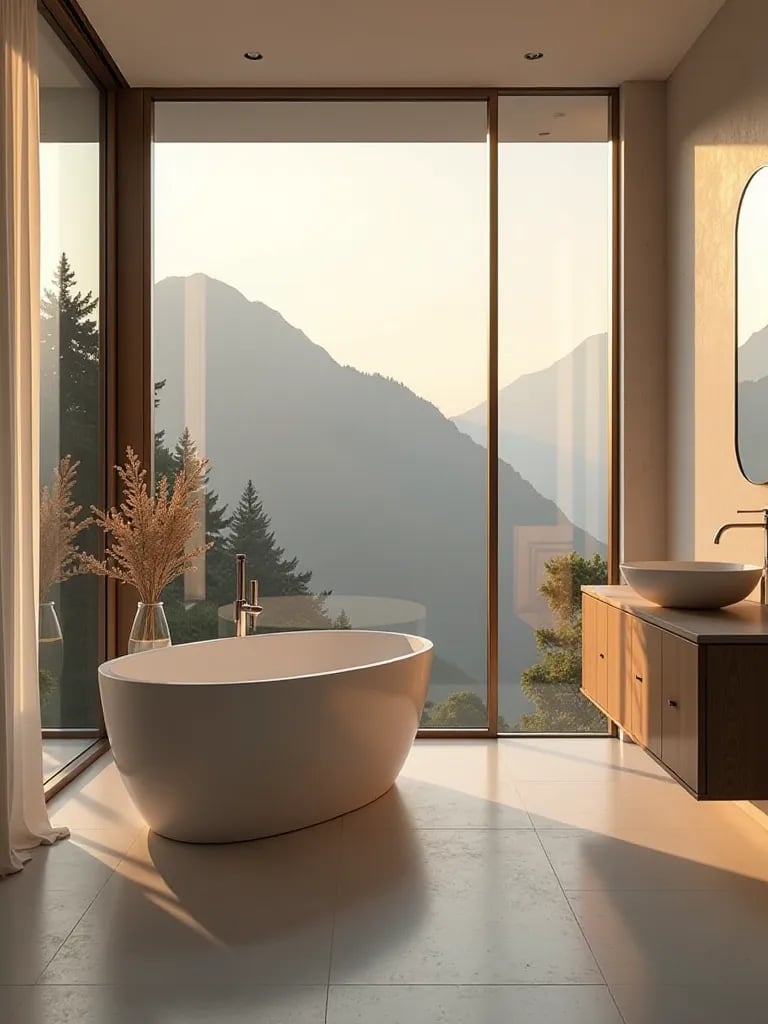 Minimalist bathroom with oval tub and mountain view