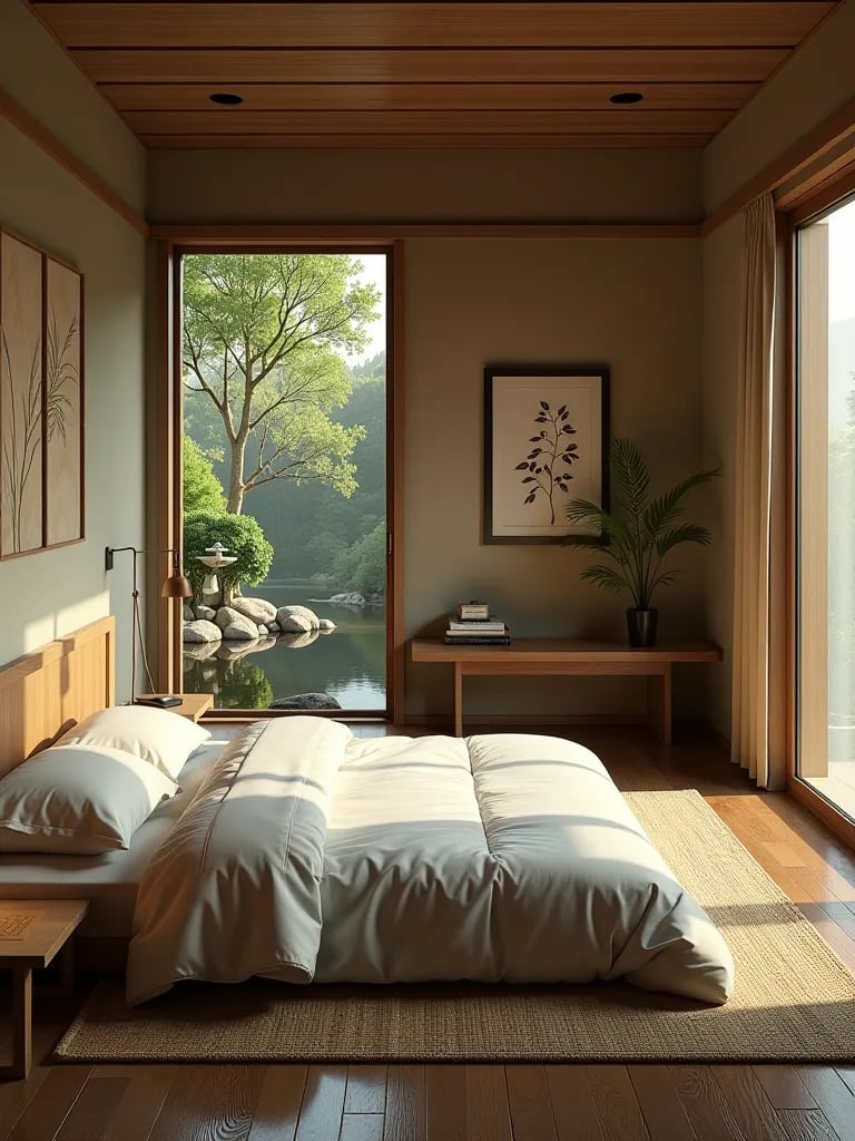 Minimalist bedroom with bamboo floors and indoor fountain