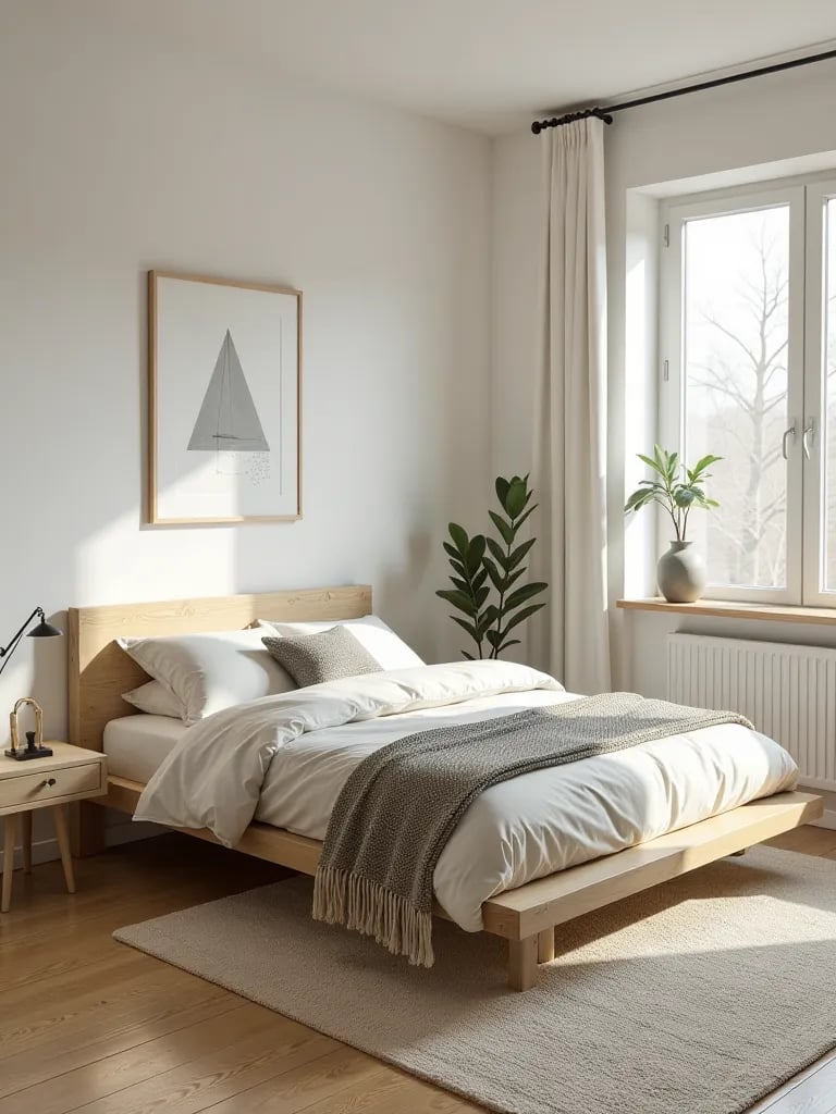 Minimalist bedroom with cinder block bed frame and geometric decor