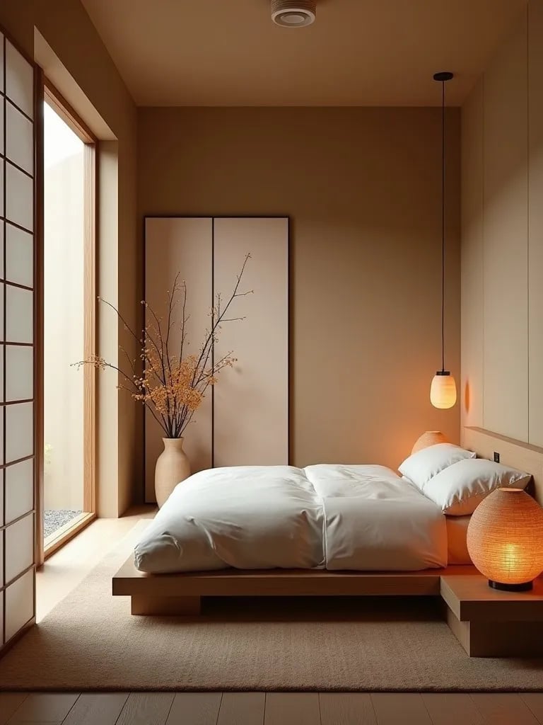 Minimalist bedroom with flat taupe walls, shoji screens, and paper lanterns