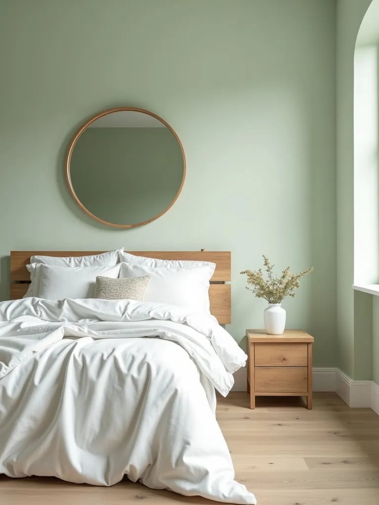 Minimalist bedroom with sage green walls and wooden accents