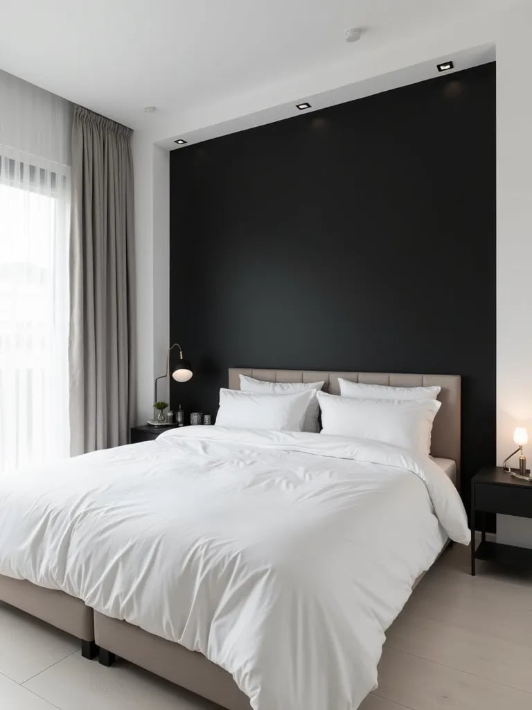 Minimalist bedroom with white walls and black accent wall