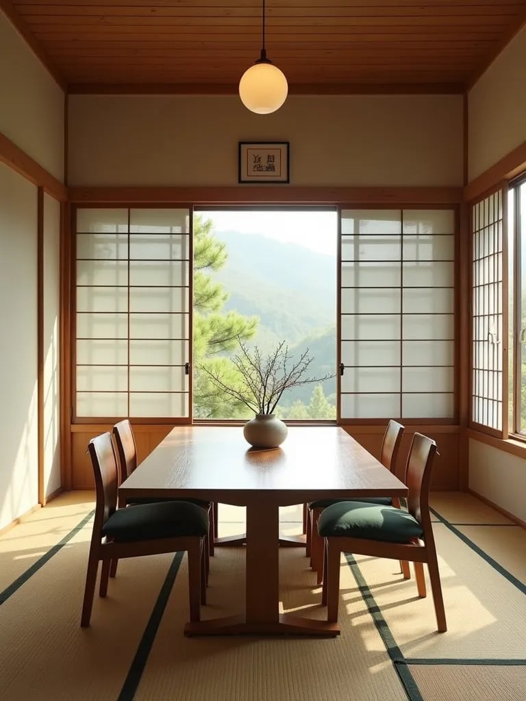 Minimalist dining area featuring authentic tatami flooring and low furniture