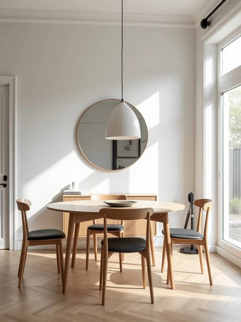 Minimalist dining area featuring newly installed chevron oak flooring