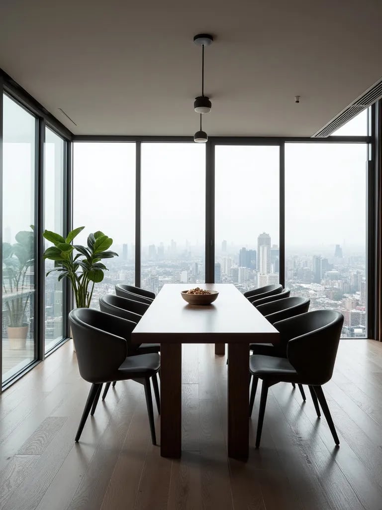 Minimalist dining room with gray washed oak hardwood flooring