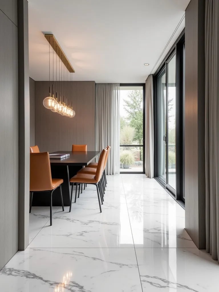 Minimalist dining room with large white marble effect tiles and black furniture