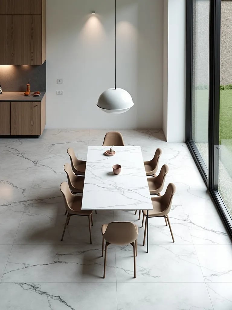 Minimalist dining room with marble look porcelain tile floor and floor to ceiling windows
