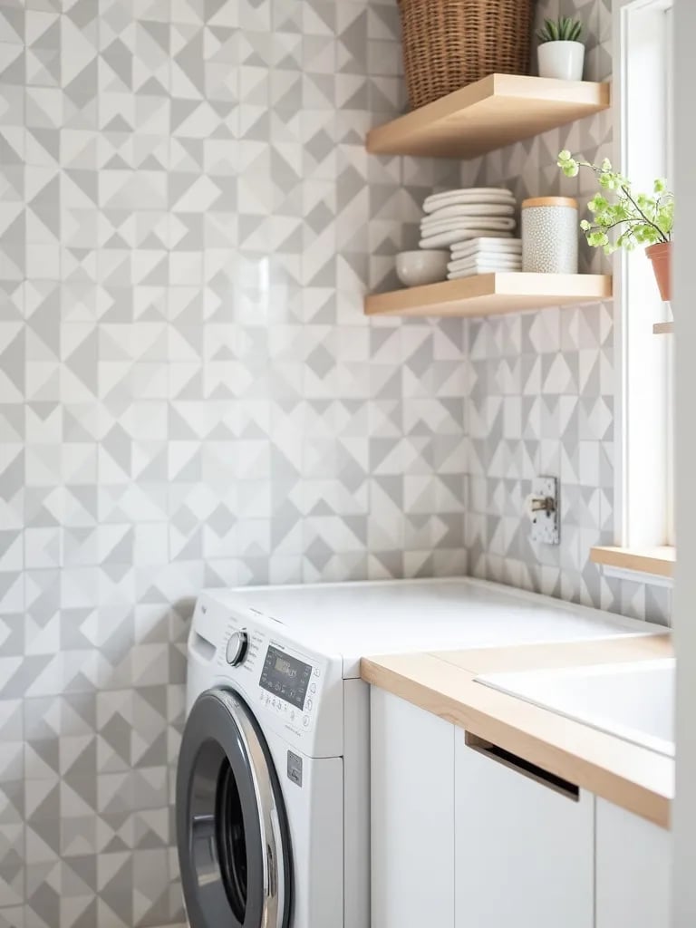 Minimalist laundry area featuring gray and white geometric wallpaper