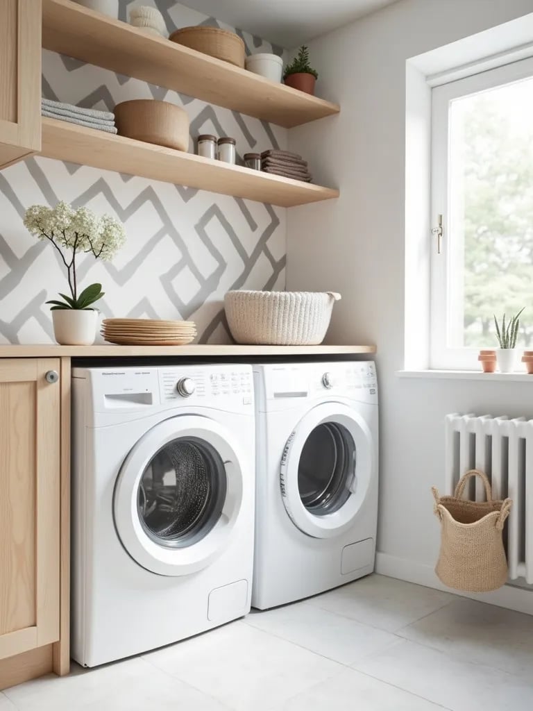 Minimalist laundry room featuring subtle geometric wallpaper and Scandinavian inspired decor