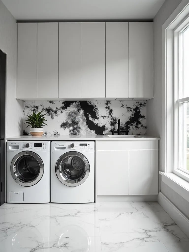 Minimalist laundry room with black and white abstract wallpaper and sleek cabinets