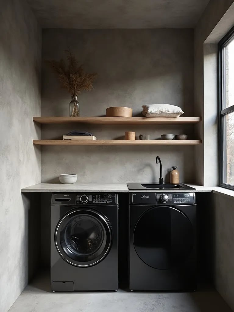 Minimalist laundry room with concrete look wallpaper and black appliances