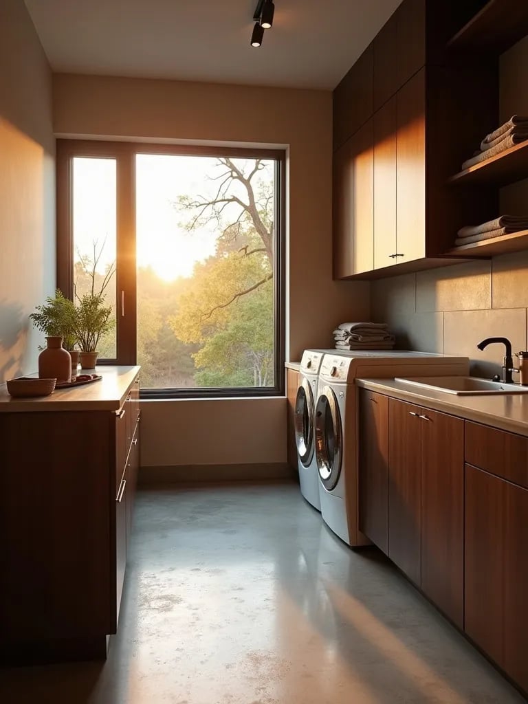 Minimalist laundry room with dark walnut cabinets and concrete floors