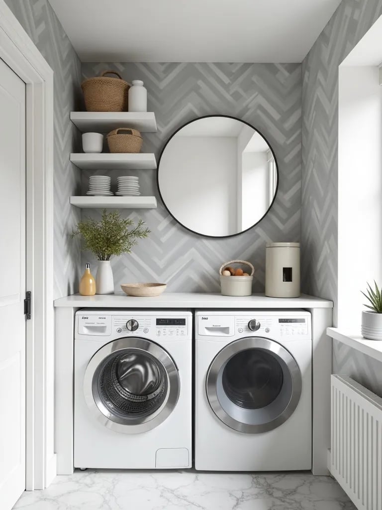 Minimalist laundry room with geometric wallpaper and Scandinavian inspired decor